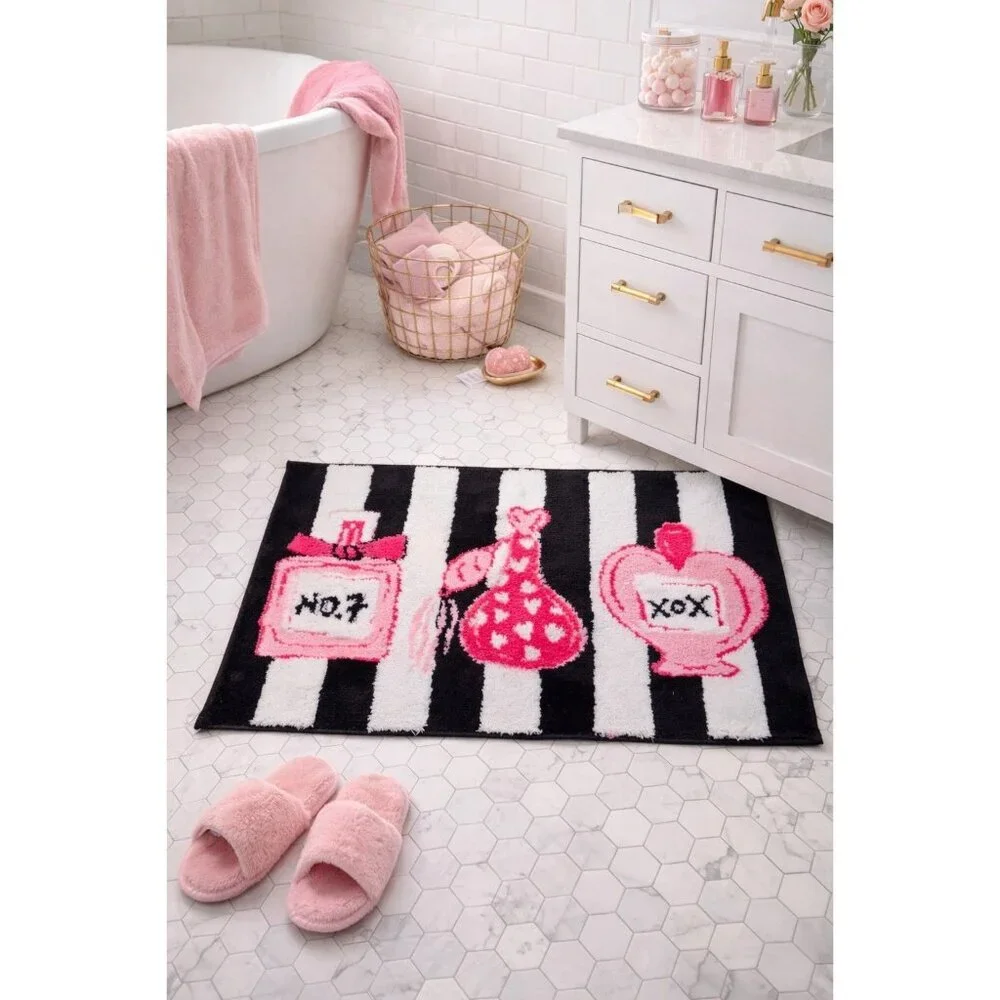 New Betsey Johnson Pink Black Perfume Soft Bathroom Bath Mat Rug Rubber Back